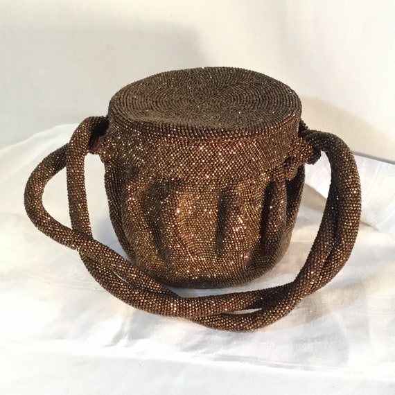 1940s Round Box Purse, Copper Beads