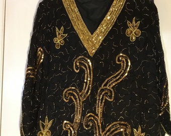 1980s Black Gold Sequin Dress