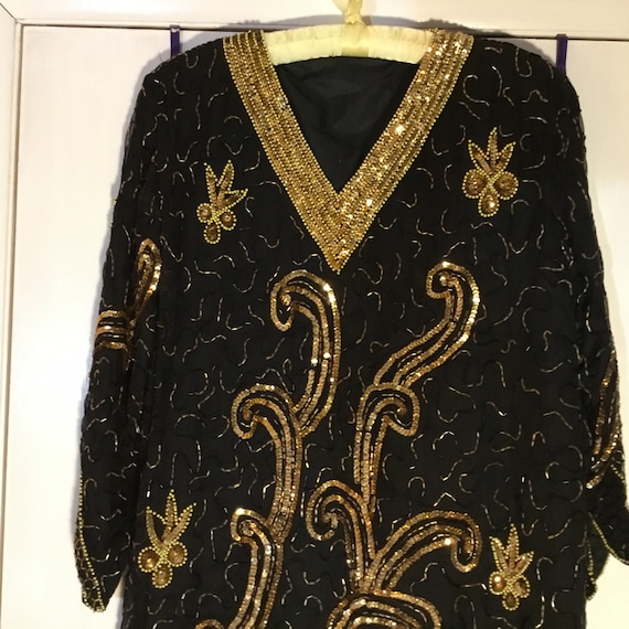 1980s Black Gold Sequin Dress - image 1