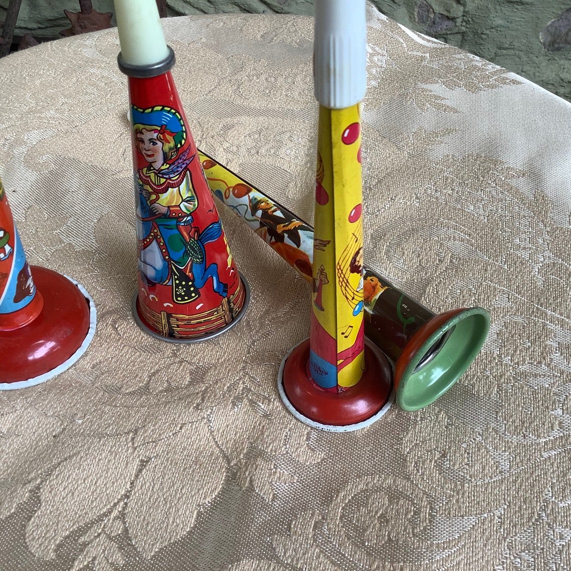 4 Vintage Tin Horn Noisemakers Etsy