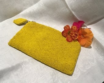 Yellow Glass Beaded Clutch, Art Deco Evening Bag