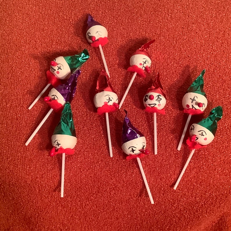 10 Vintage Spun Cotton Clown Head Picks image 1