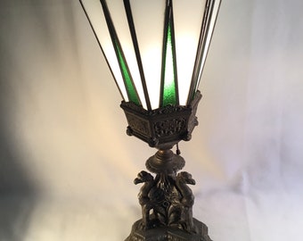 3 Winged Griffin Base, Glass Panel Shade Antique Table Lamp