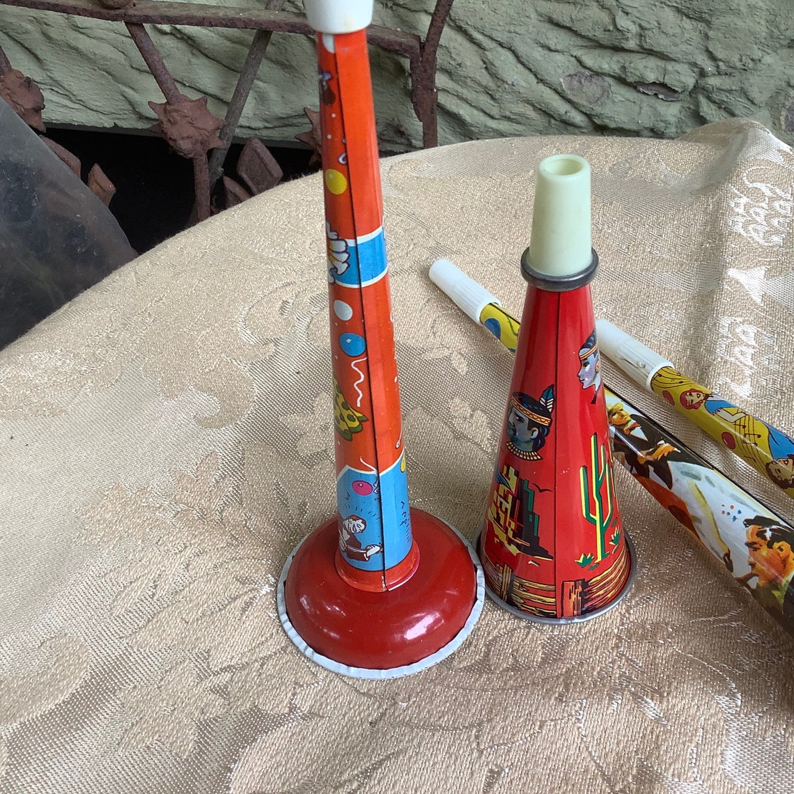 4 Vintage Tin Horn Noisemakers Etsy