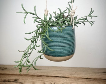 Blue ceramic hanging planter for indoor or outdoor ready to gift or use.