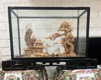 LARGE Vintage Asian Art Cork Carving Diorama Pagoda Art FREE US Shipping 22x14x9 Chinoiserie cranes pagoda