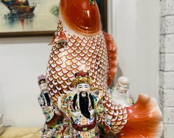 Large Vintage Porcelain Three WiseMan and Koi Fish Sculpture REE US SHIPPING Good Feng Shui Sculpture 18”x12”x24”
