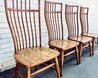 Vintage 4 Hibriten High Back Windsor Solid Oak Dining Chairs FREE US SHIPPING