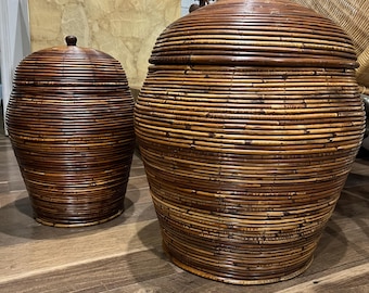 LARGE Vintage Pair Gabriella Crespi Style Split Reed Lid Baskets Free US SHIPPING