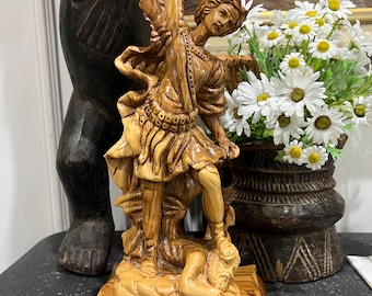 Saint Michael The Archangel Olive Wood Sculpture From The Holy 14.5” FREE US SHIPPING