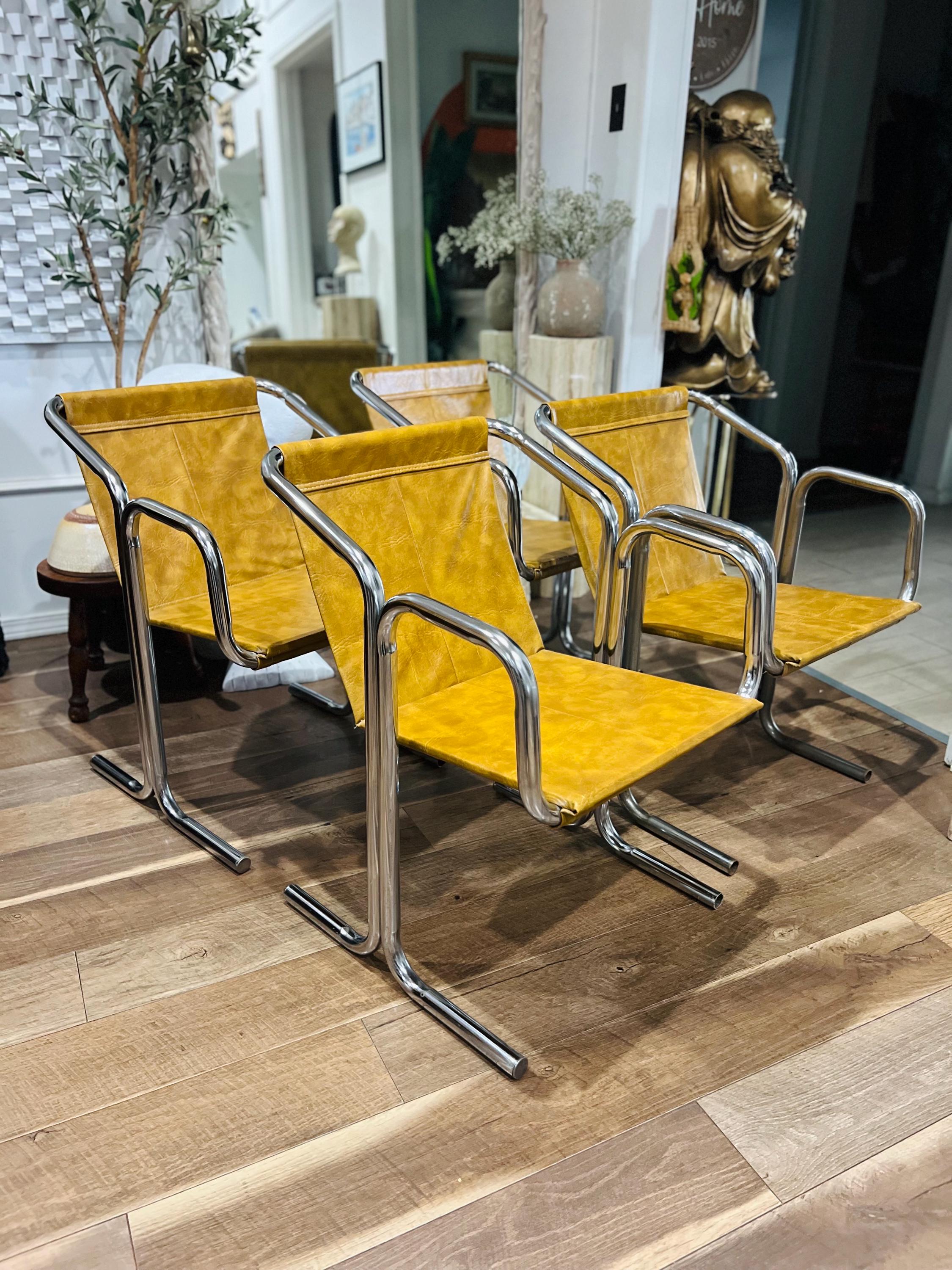 4 Vintage Tubular Chrome Sling Chair L Jerry Johnson Style FREE US