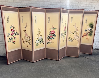 Vintage 8 Panel Asian Embroidered Silk Folding Screen | Chinoiserie Room Divider | Crane & Floral Decor FREE US SHIPPING
