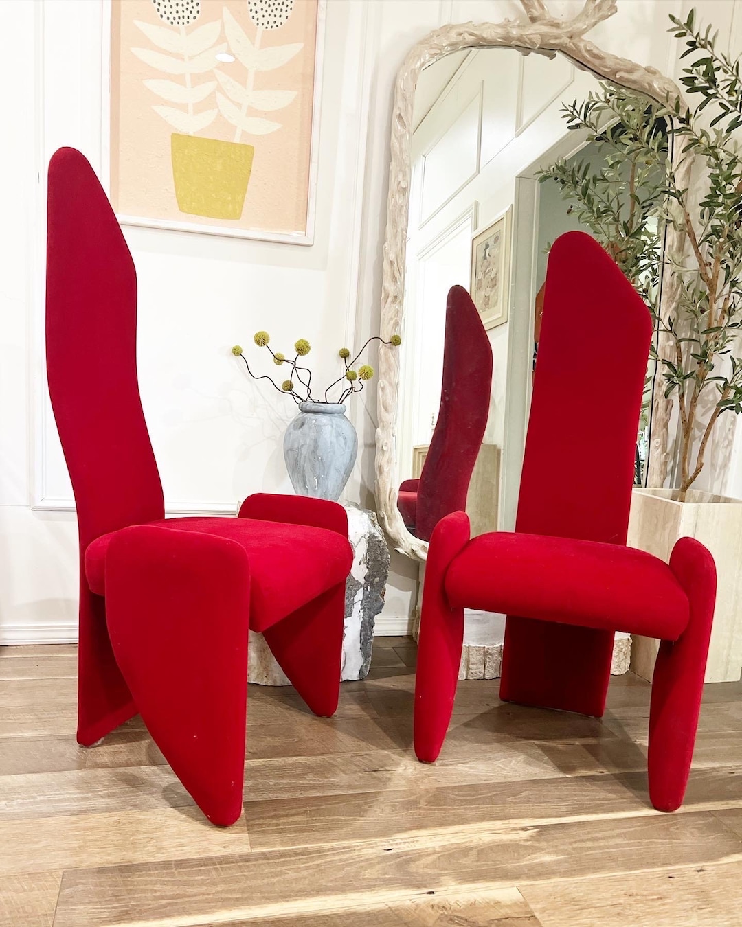 2 Red Sculptural Chairs Art Deco Velvet Chairs Chairs Red Chairs Etsy