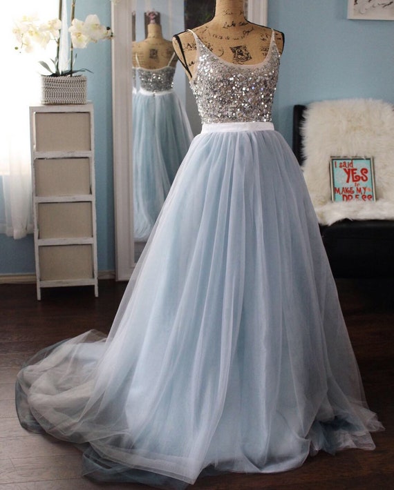 Two Tone Pleated Grey Blue Wedding Tulle Skirt Dusty Blue Etsy