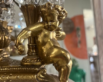 Vintage Crystal Cherub Bowl Art Nouveau Gold Gilt Candy Bowl Cherub Centerpiece Bowl Neoclassical Brass Fruit  Bowl  FREE US SHIPPING