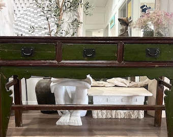 XL Antique Chinoiserie Olive Scalloped Altar Table FREE US Shipping