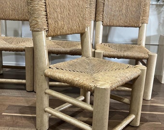 4 Vintage oversized pine chunky dining chairs rush chairs FREE US SHIPPING