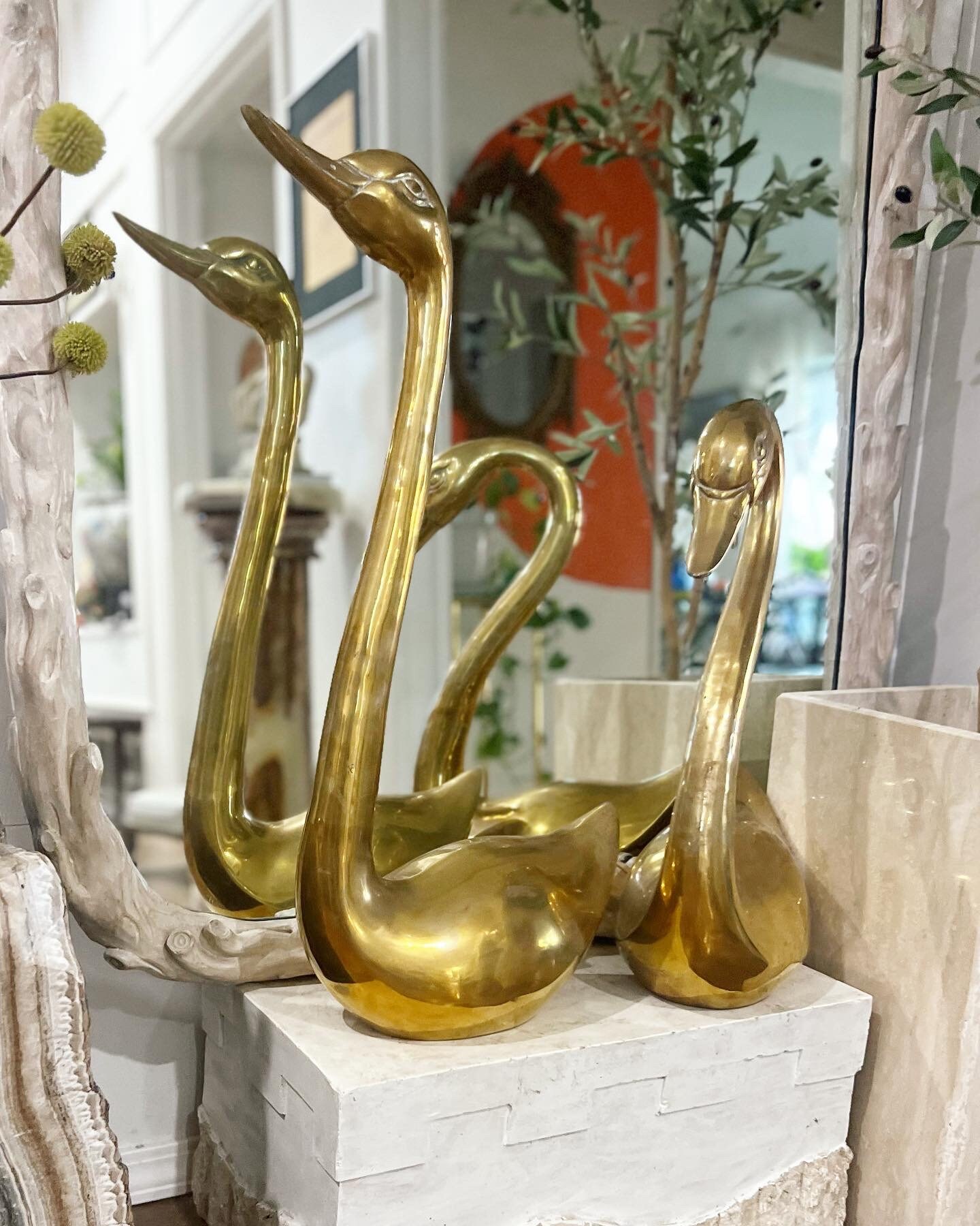 XL Brass Swans 28” and 21” Tall Hollywood Regency Brass