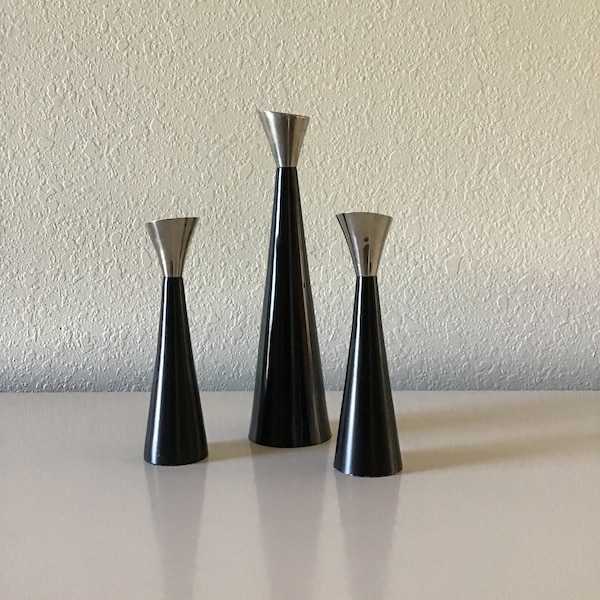 Vintage Danish Modern Black and Chrome Candle Holders (Solid Brass), Set of Three