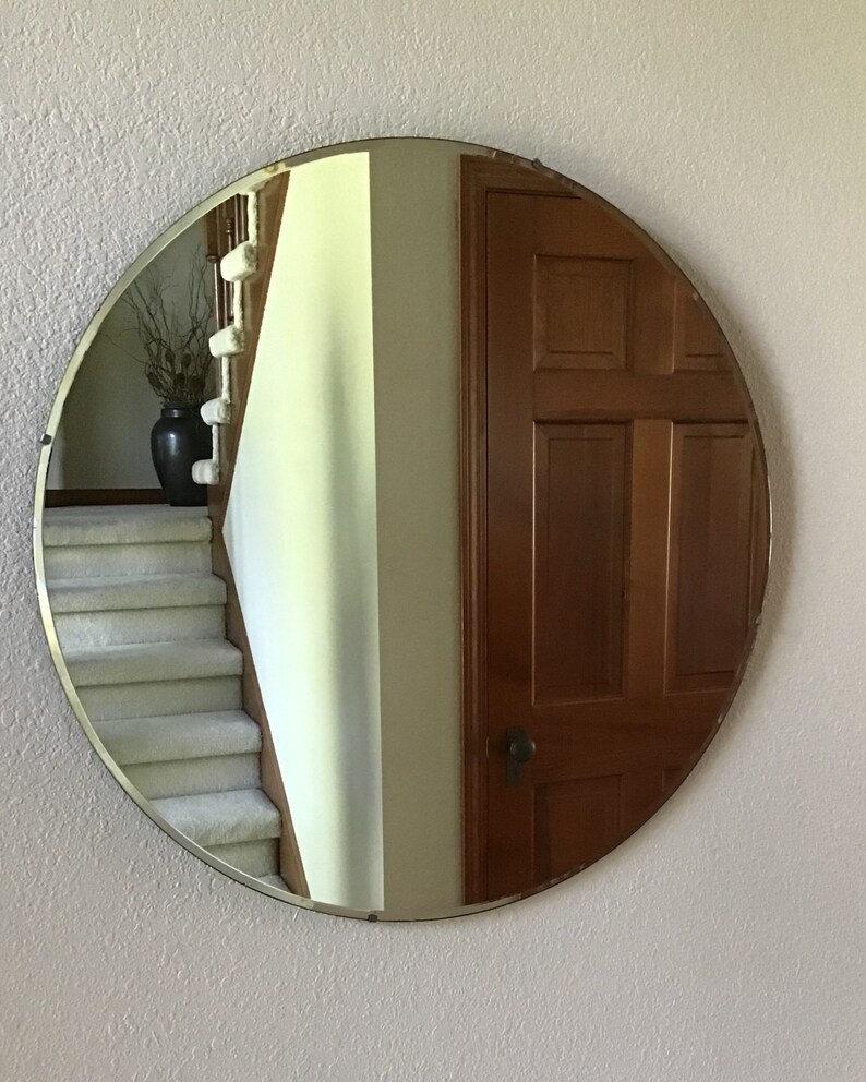 Vintage Round Beveled Wall Mirror 30 Inch Art Deco Mid Century Modern Frameless