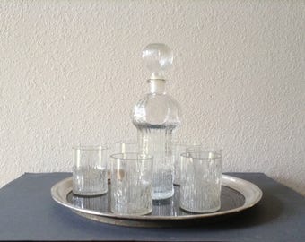 Vintage Art Deco Bar Set, Pressed Glasses, Decanter Set, Round Tray