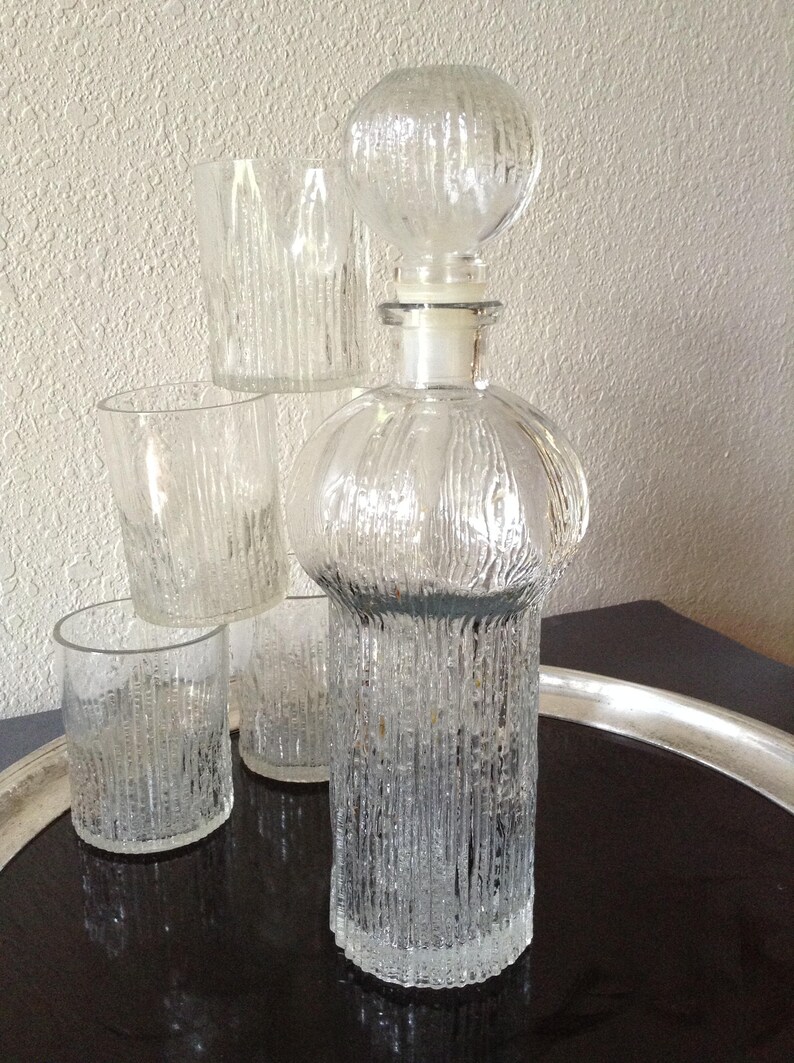 Vintage Art Deco Bar Set Pressed Glasses Decanter Set Round Etsy