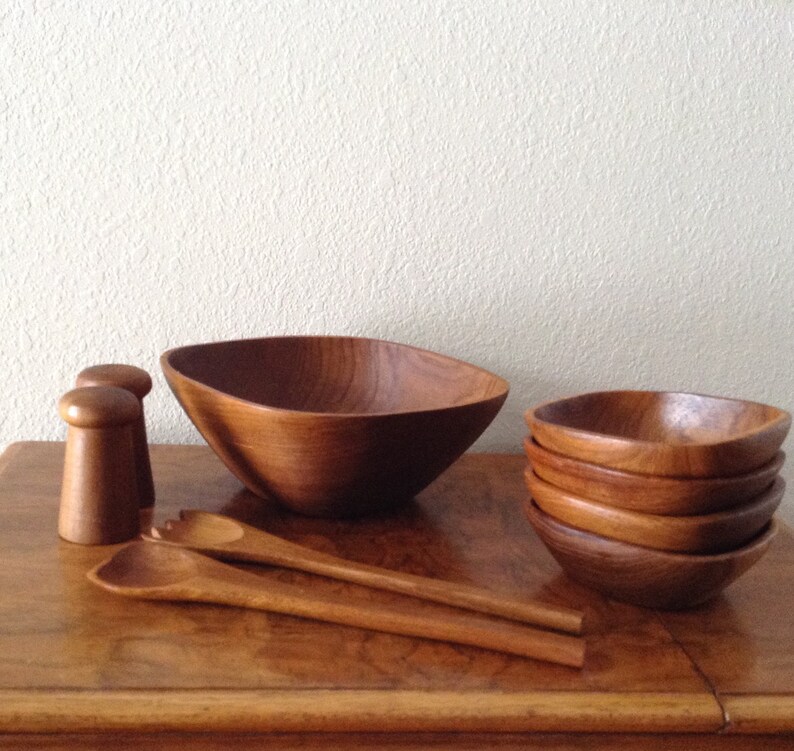 Vintage Teak Large Wood Salad Bowl Set Square Bowls Image 0