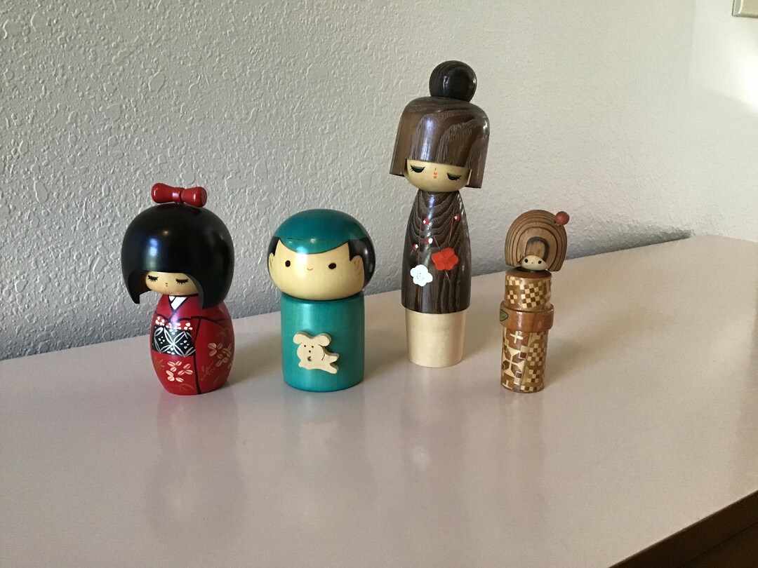 Vintage Japanese Wood Dolls, Set of Four, Kokichi Painted Wood Dolls Etsy