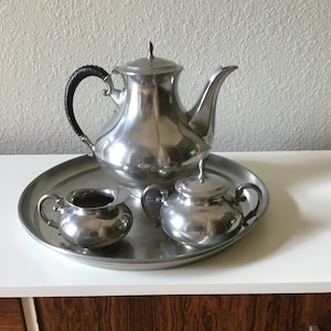 Vintage Danish Modern Coffee or Tea Set, Pewter Tea Set Service, C. K. Kurz Tiel Holland Pewter