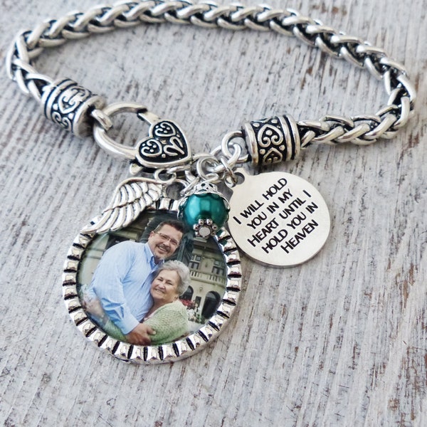 Photo Memorial Bracelet, Photo Memory Gifts, Remembrance, Loss of Loved One-I Will Hold You In My Heart-Angel Wing Jewelry, Bereavement