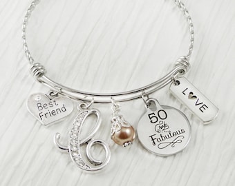 Best Friend Birthday Gift- 50 and Fabulous Jewelry-Personalized Bangle Bracelet- Jewelry, Charm Bangle Bracelet, Friend Jewelry, Love, 50th