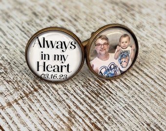 Photo Memorial Wedding Cufflinks-Groom Cuff Links for Loss of Loved One Remembrance-Personalized Wedding Date-Always In My Heart-Groom Gift