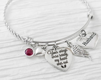 Your wings were ready my heart was not Bracelet-Memorial Gift Jewelry-Expandable Bangle Bracelet, Loss of husband, wing jewelry, Remembrance