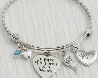 A piece of my heart is in heaven Bracelet- Memorial Gift Jewelry- Expandable Bangle Bracelet- Birthday Gifts, Loss of mother bracelet, wing