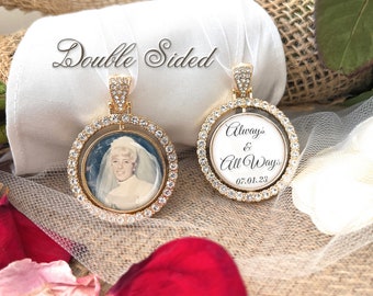 May include: Double-sided gold-tone pendant with a clear crystal encrusted frame. One side features a photo of a woman in a white dress and veil. The other side has the text "Always & All Ways 07.01.23".