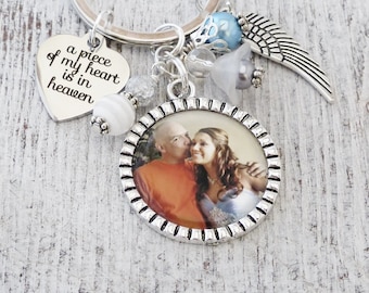 Photo Memorial Keychain, Photo Memory Gifts, Remembrance, Loss of Loved One-A Piece of My Heart Is In Heaven-Angel Wing Jewelry, Bereavement
