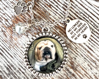 Pet Memorial Gift-Pet Photo Memory Jewelry-No Longer By My Side But Forever In My Heart-Loss of Dog-Cat-Animal Memorial Keychain or Necklace