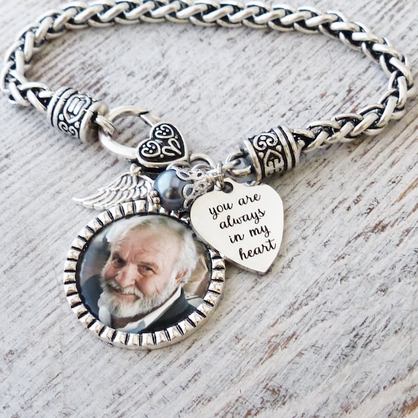 Photo Memorial Jewelry, Photo Memory Bracelet, Remembrance-Loss of Loved One-You Are Always In My Heart-Angel Wing Jewelry, Bereavement, Dad