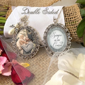 Spanish Bridal Bouquet Photo Charm-Siempre En Mi Corazon-Wedding Remembrance Loss of Loved One Bridal Bouquet Picture Charm-Double Sided