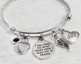 I will hold you in my heart until I hold you in heaven-Urn Cremation Jewelry-Memorial Gift- Cremation Bangle Bracelet, wing, dad Remembrance