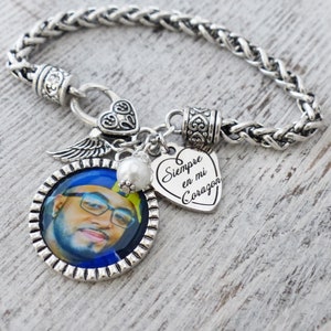 Siempre En Mi Corazon-Photo Memorial Gift-Spanish Memorial Gift-Photo Memory Bracelet-Loss of Loved One-Angel Wing Jewelry, Bereavement