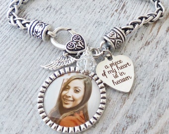 Photo Memorial Bracelet, Photo Memory Gifts, Remembrance, Loss of Loved One-A Piece Of My Heart Is In Heaven-Angel Wing Jewelry, Bereavement