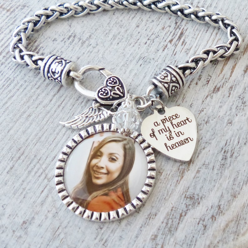 Photo Memorial Bracelet, Photo Memory Gifts, Remembrance, Loss of Loved One-A Piece Of My Heart Is In Heaven-Angel Wing Jewelry, Bereavement image 1