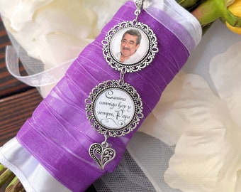 Photo Bouquet Charm for Bridal Bouquet-Camina conmigo hoy y siempre, Papa-Wedding Remembrance Gift-Loss of Loved One-Spanish Photo Charm