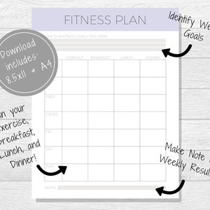 May include: A printable fitness plan template with a light purple background. The template includes a section for weekly fitness goals, a daily planner for workouts, breakfast, lunch, and dinner, and a section for notes. The template is designed to help you plan and track your fitness journey.
