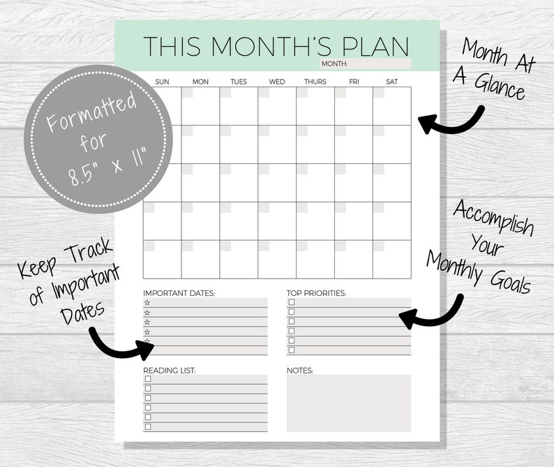 Undated Monthly Planner Printable Monthly Calendar - Etsy
