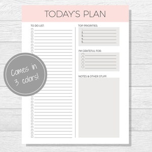 Op de afbeelding: Een printbare dagelijkse planner met secties voor takenlijsten, topprioriteiten, dingen waar je dankbaar voor bent en notities. De planner is verkrijgbaar in drie kleuren.