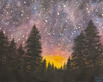 Sunset Trees 1 watercolor painting