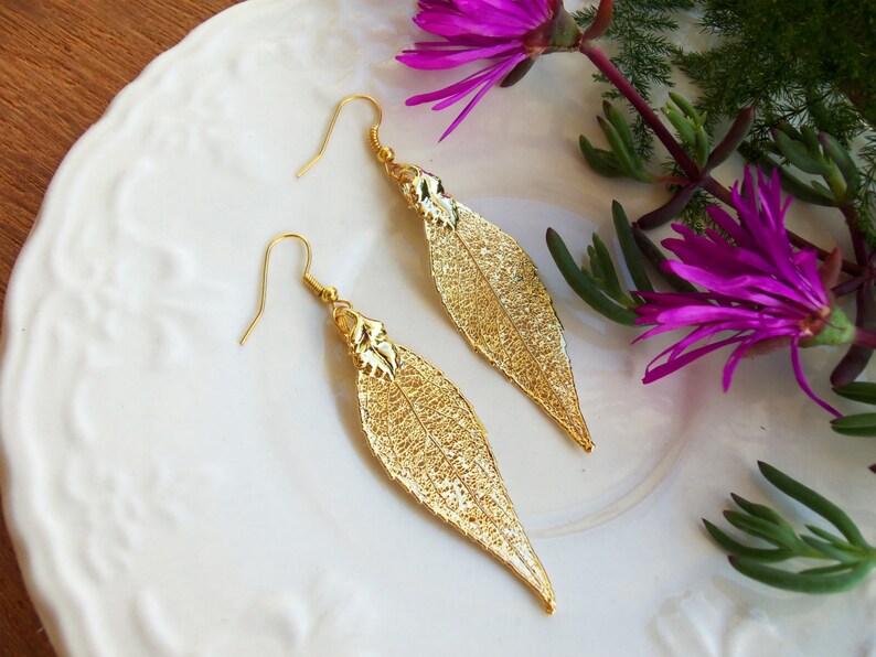 Gold Dipped Earrings Evergreen Long Leaf Earrings Real Leaf Etsy