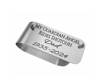 May include: Silver metal memorial keychain with the text "My Guardian Angel Rides Shotgun Dad 1935-2024" and two angel wing symbols.